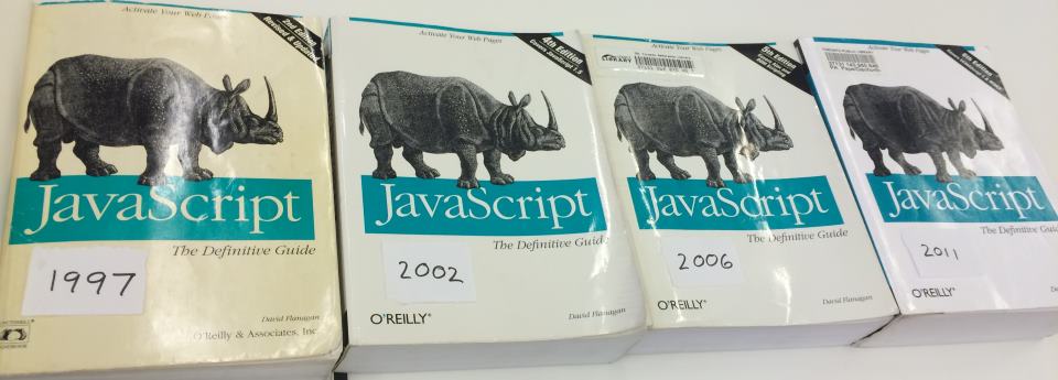 'The Definitive Guide' over the years. Lined up in order are the editions from 1997, 2001, 2006, and 2011