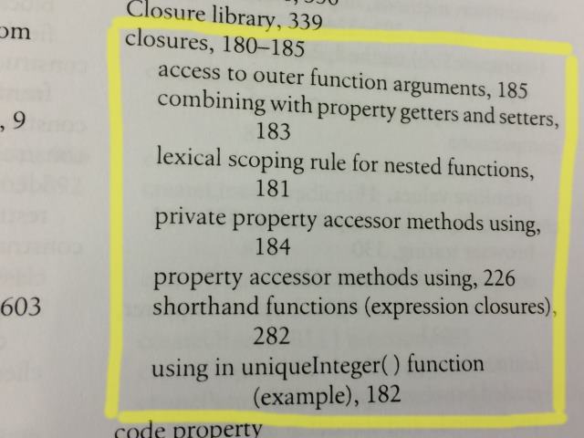 2011 index of 'The Definitive Guide'. 'Closures' have a 6-page section and 7 more references.